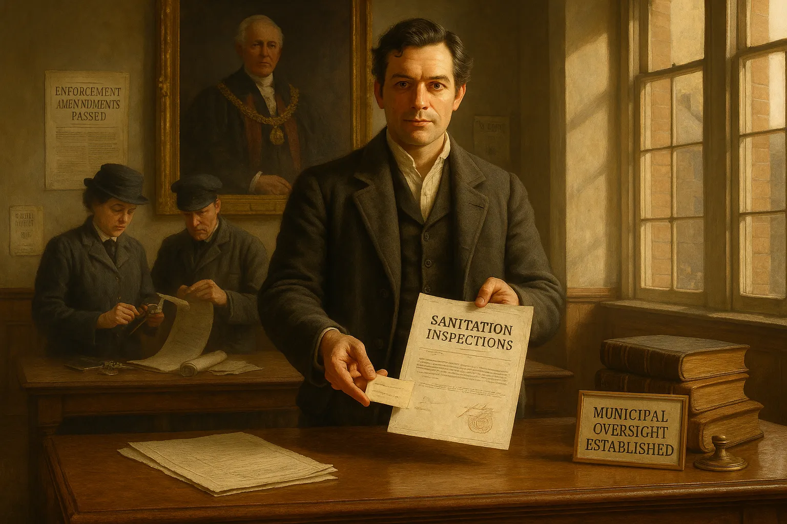 Arthur Turner holding sanitation reports in a town council chamber, portrait of Lord Derby behind.