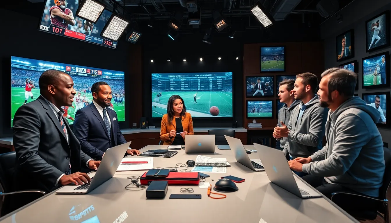 a diverse team collaborating in a bustling sports newsroom.