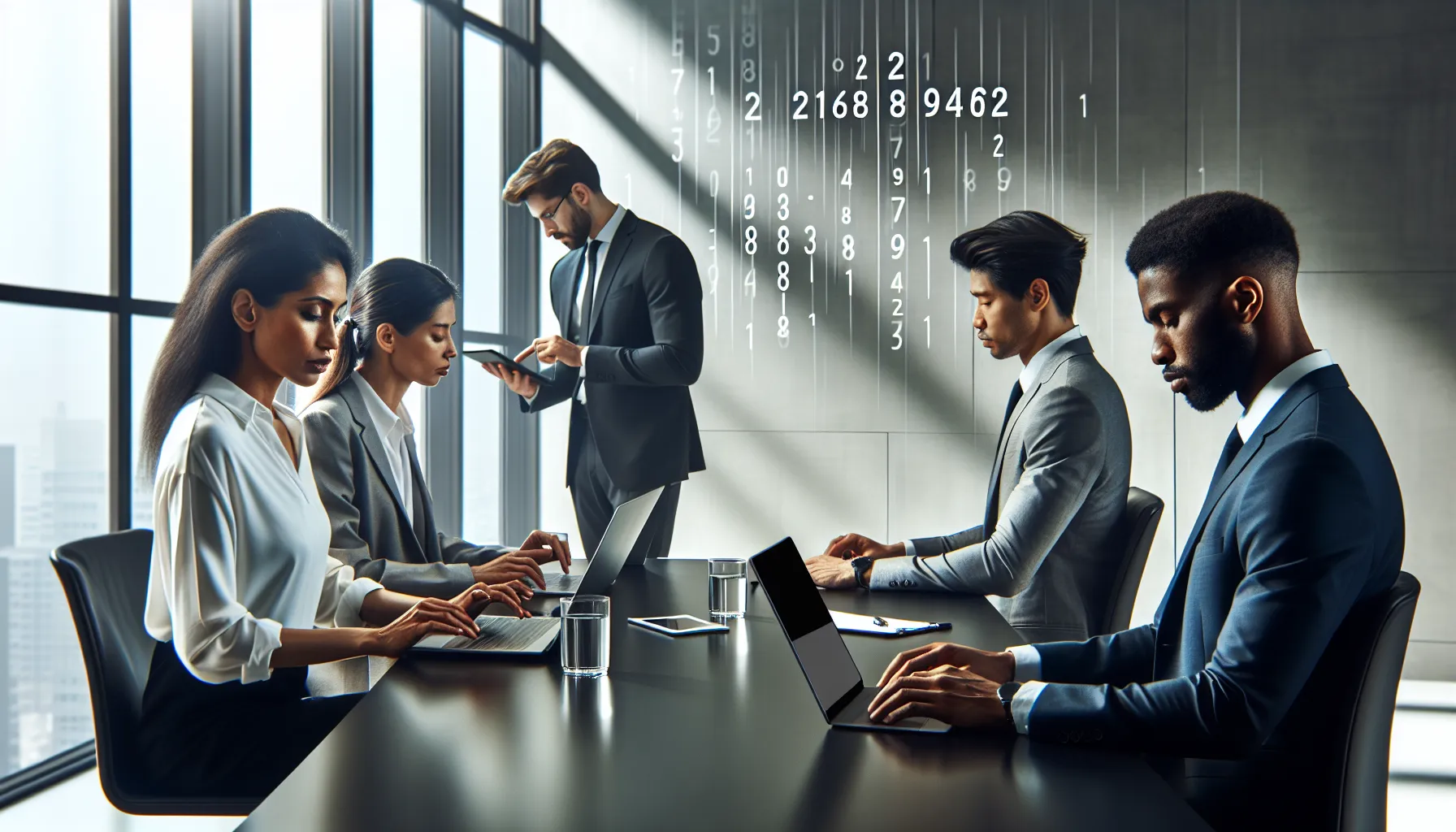 diverse team analyzing data in a modern office setting.