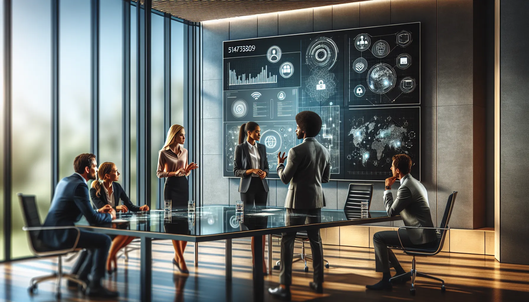 team discussing technology in a modern office with digital display.