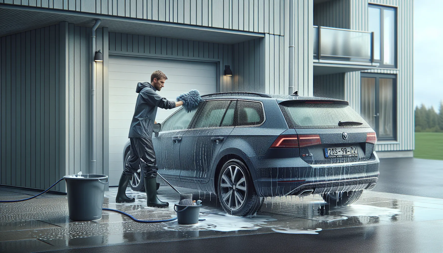 Norsk bilentusiast håndvasker bil med to bøtter og mikrofiber for å skåne lakken.