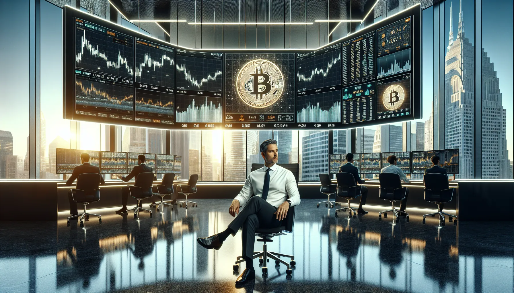 Trader analyzing Bitcoin price charts on multiple monitors in a modern financial institution.