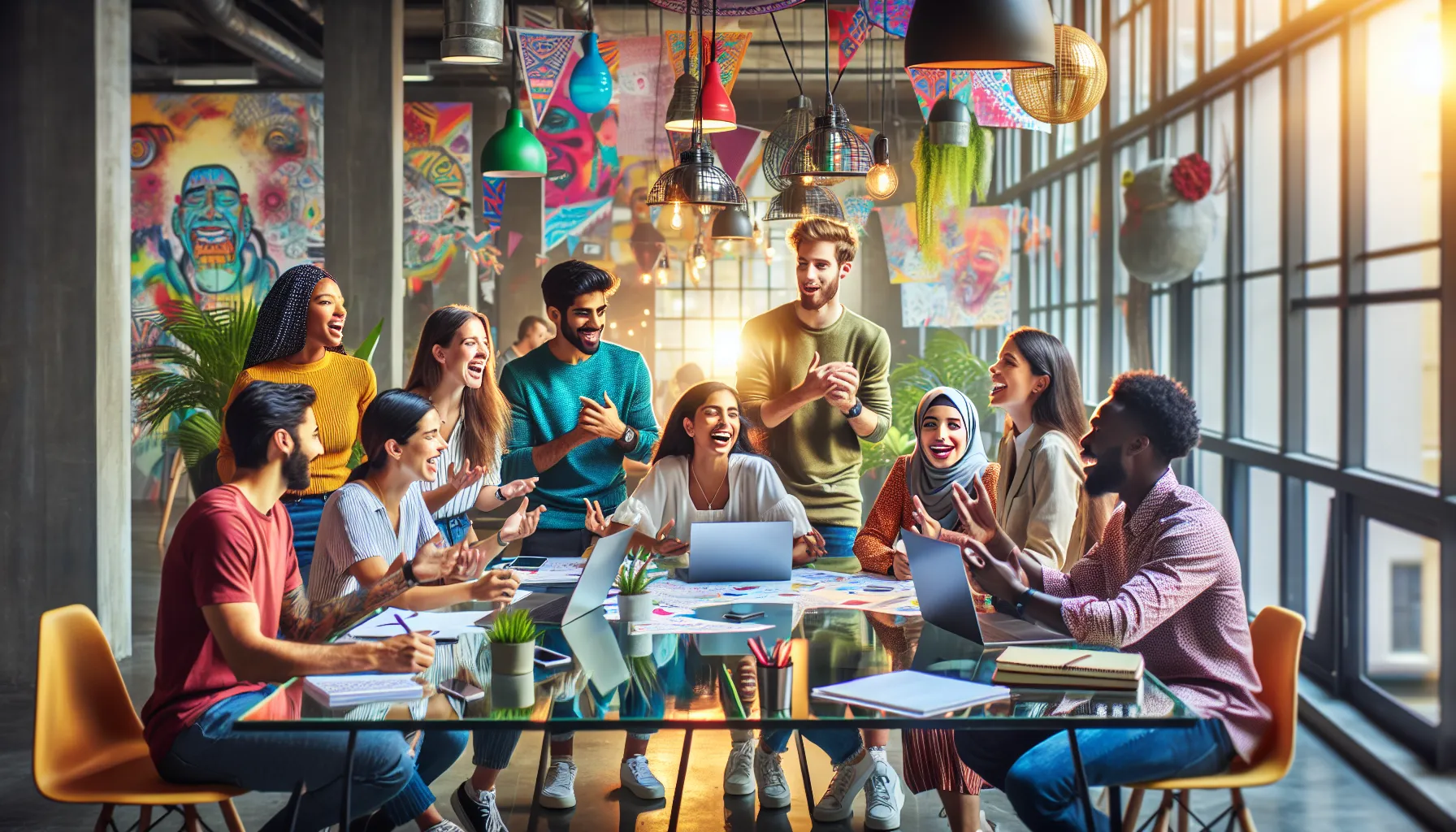 diverse group collaborating in a playful co-working space.