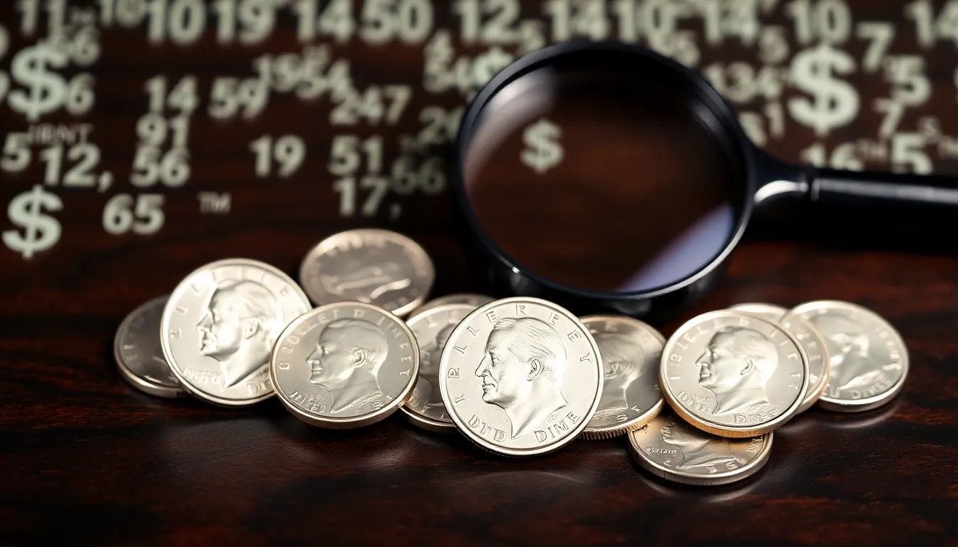 a collection of modern dimes on a wooden surface with a magnifying glass.