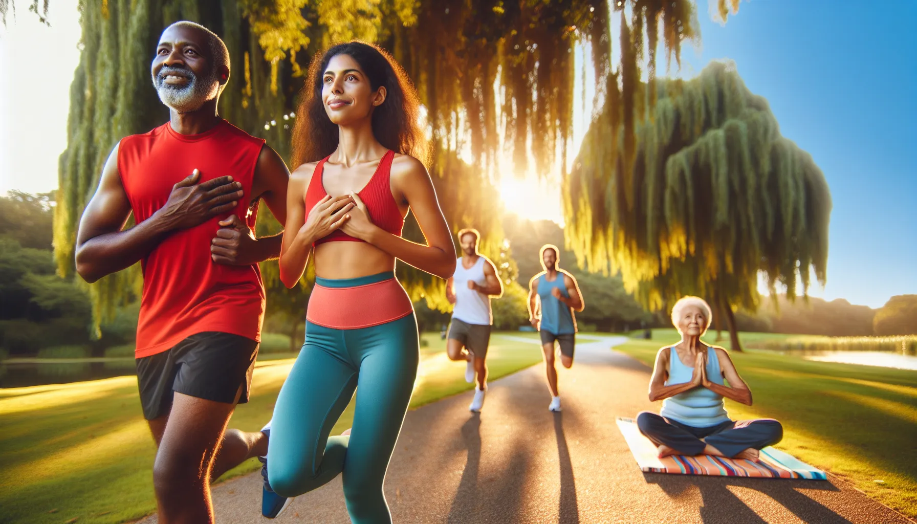 a group of diverse people exercising in a sunny park, symbolizing heart health.