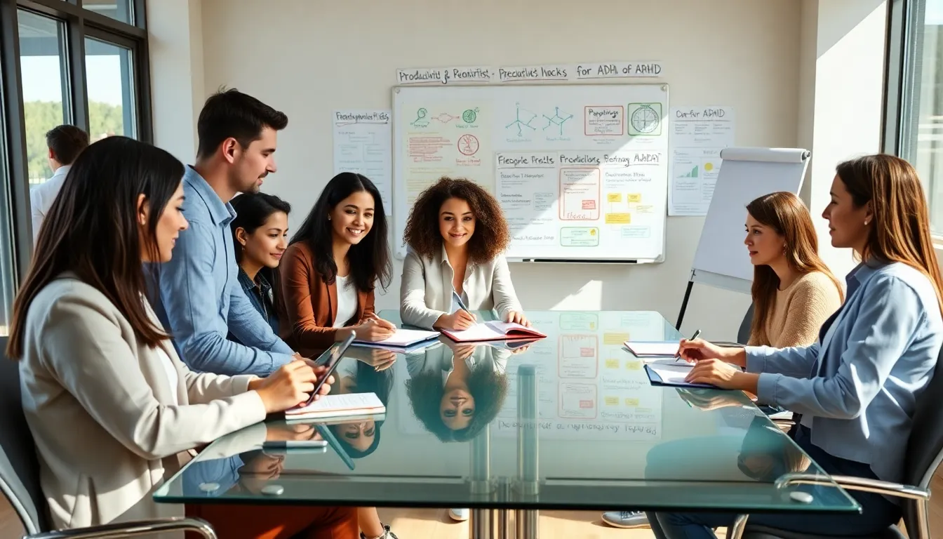 diverse team collaborating on productivity strategies for ADHD.