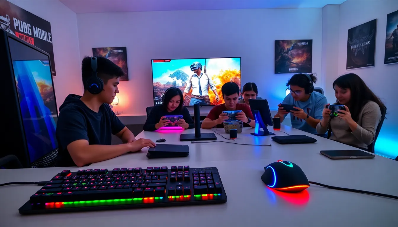 diverse gamers using keyboard and mouse with mobile devices in a modern setup.