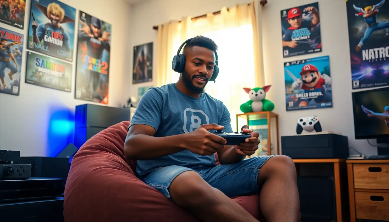 Larry Nando livestreaming while surrounded by gaming gear in his room.