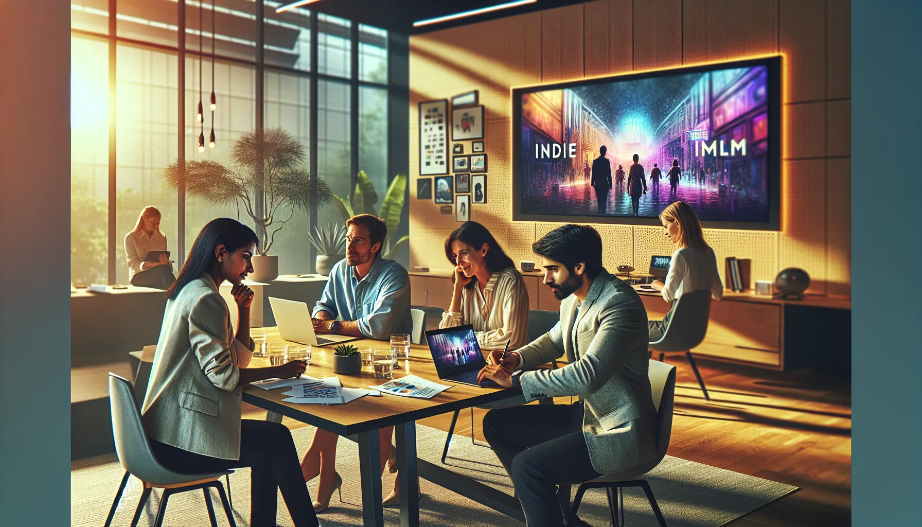 diverse team discussing indie films in a modern office.