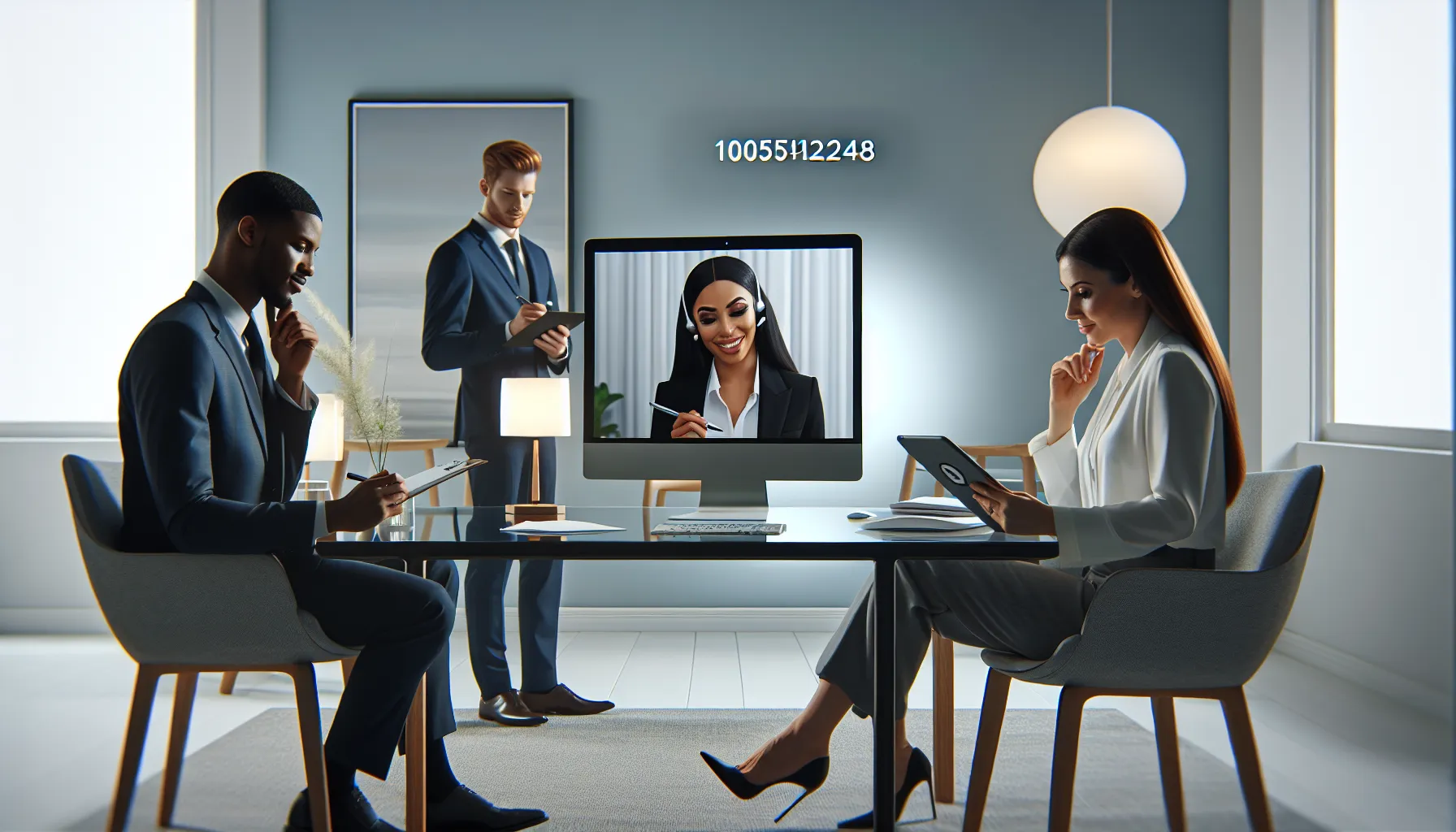 professionals engaged in a video call in a modern office.