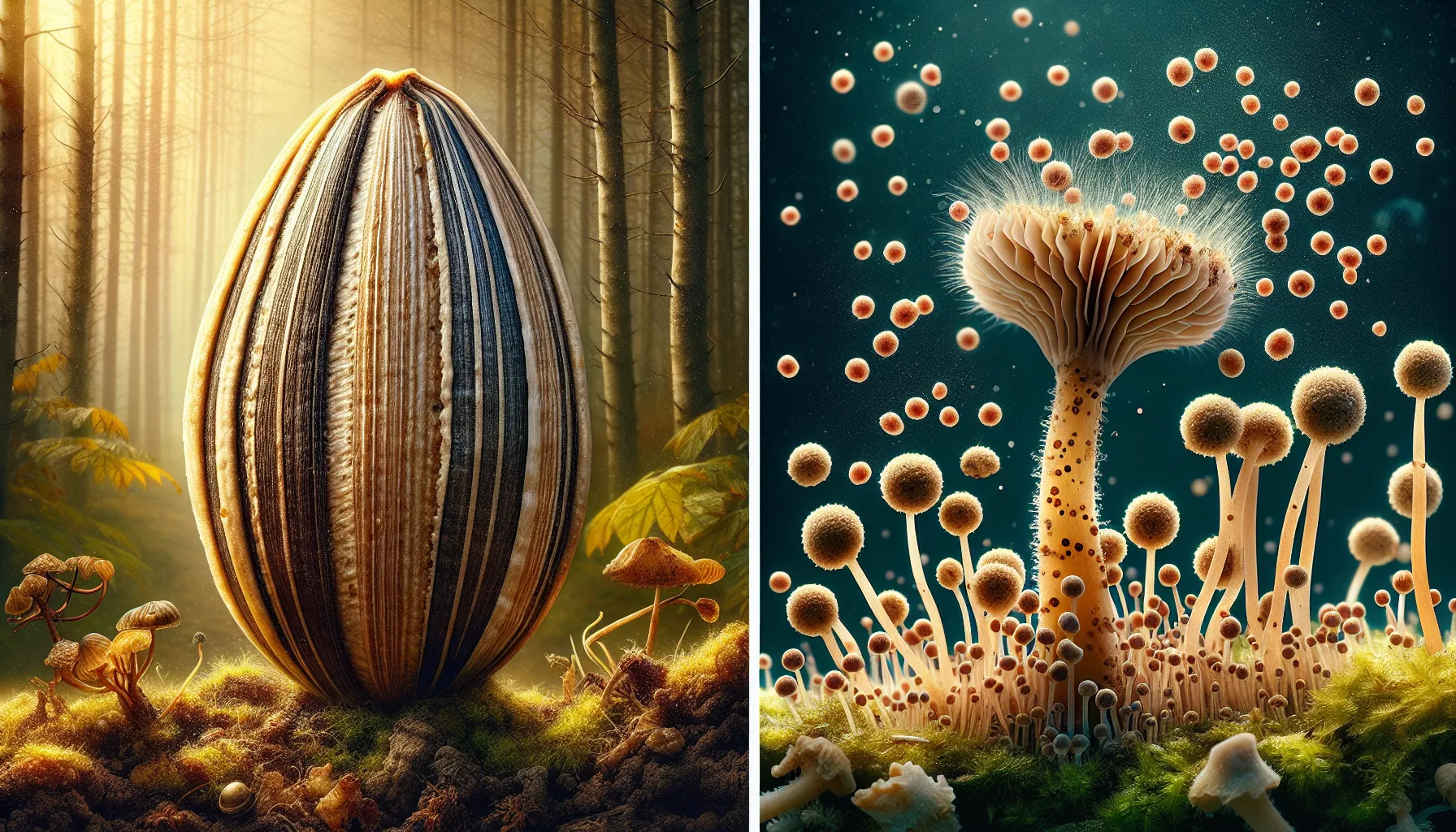 Comparison of a sunflower seed and fungal spores in a natural setting.