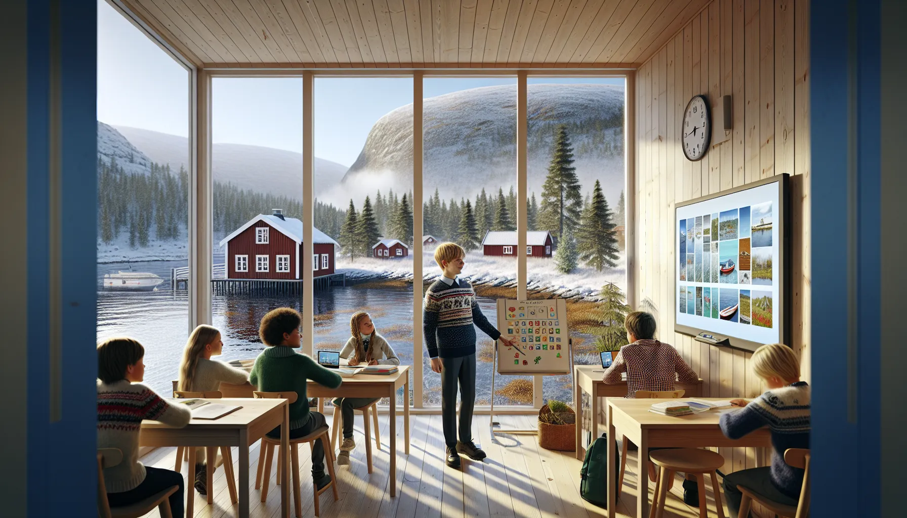 Norwegian classroom where a student presents while classmates learn with books and tablets.