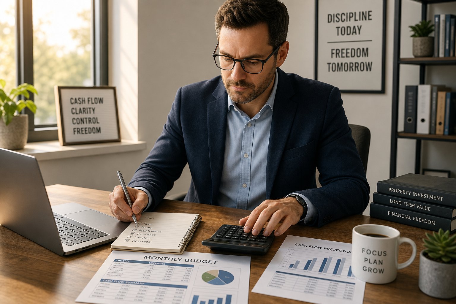 Finance manager reviewing budgets and property costs at an organized office desk.