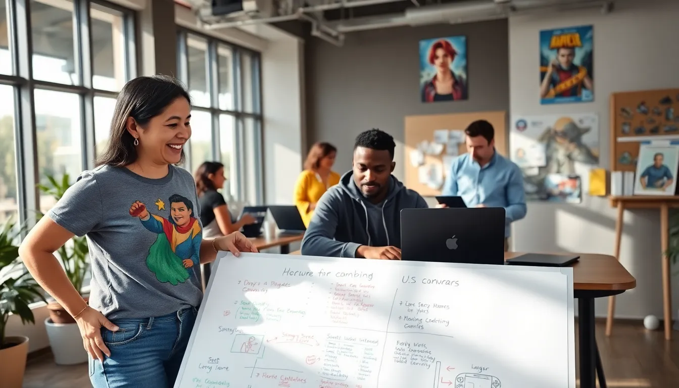 a diverse team of game developers collaborating in a vibrant office space.