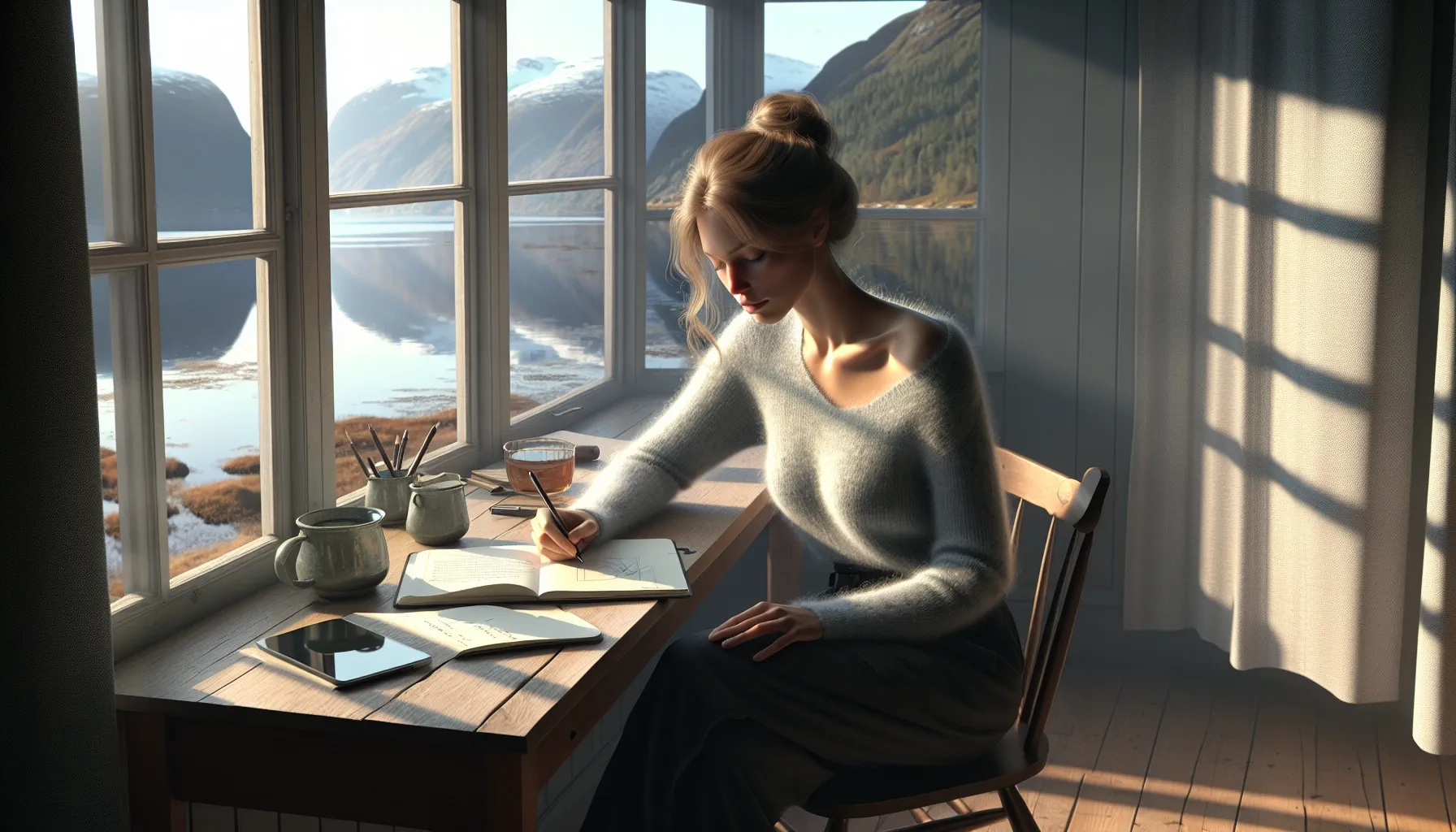 Woman in norway calmly visualizing by a window with fjord and mountains.