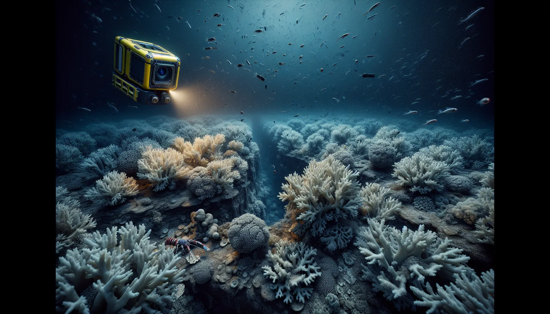 Slik brukes satellitter til å overvåke og beskytte korallrev 2 Underwater robot inspects damaged cold-water coral reef on a dark seabed.