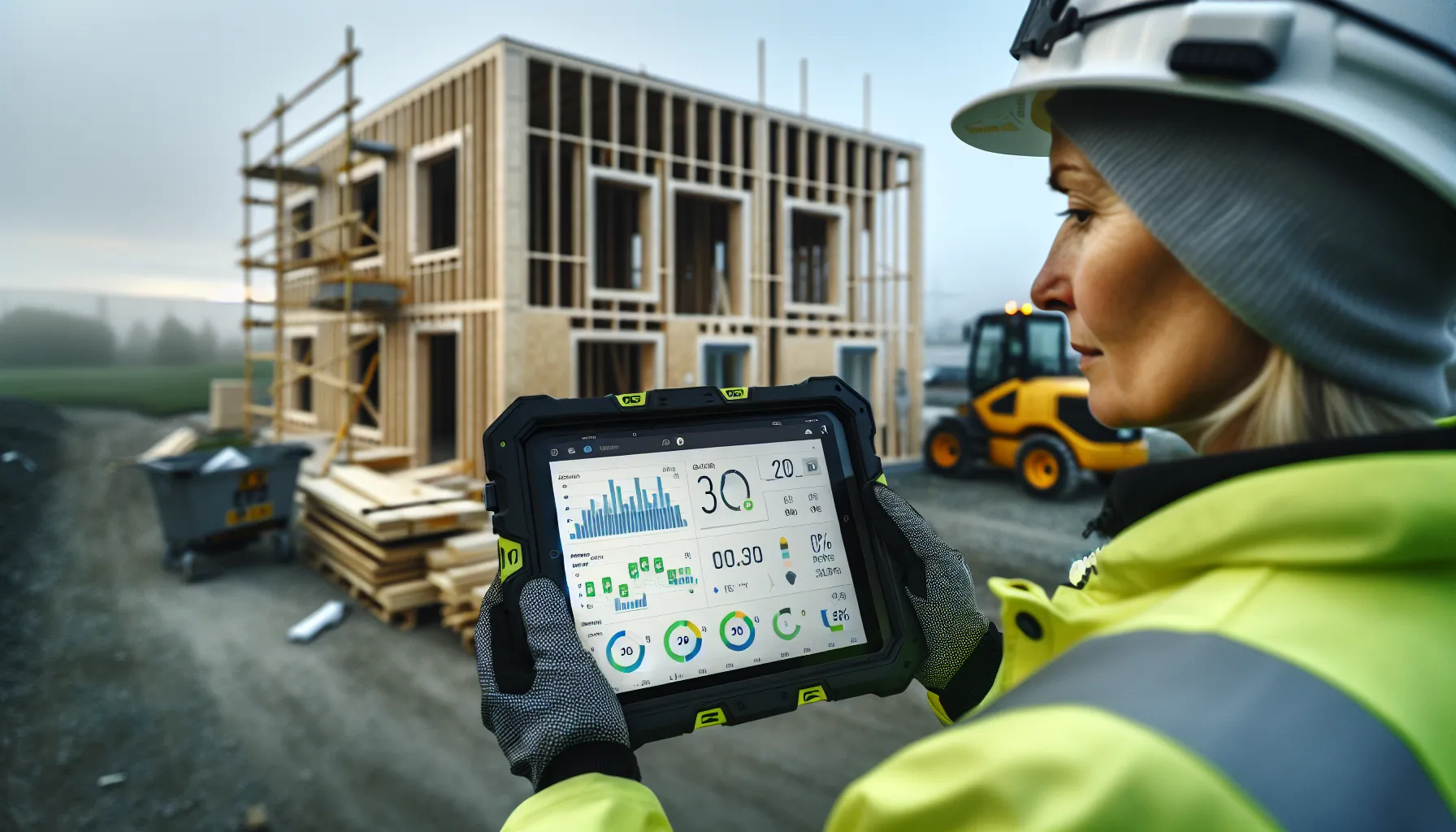 Slik kan entreprenører dra nytte av grønn teknologi 3 Norwegian site manager reviews emissions and energy kpis on a tablet onsite.