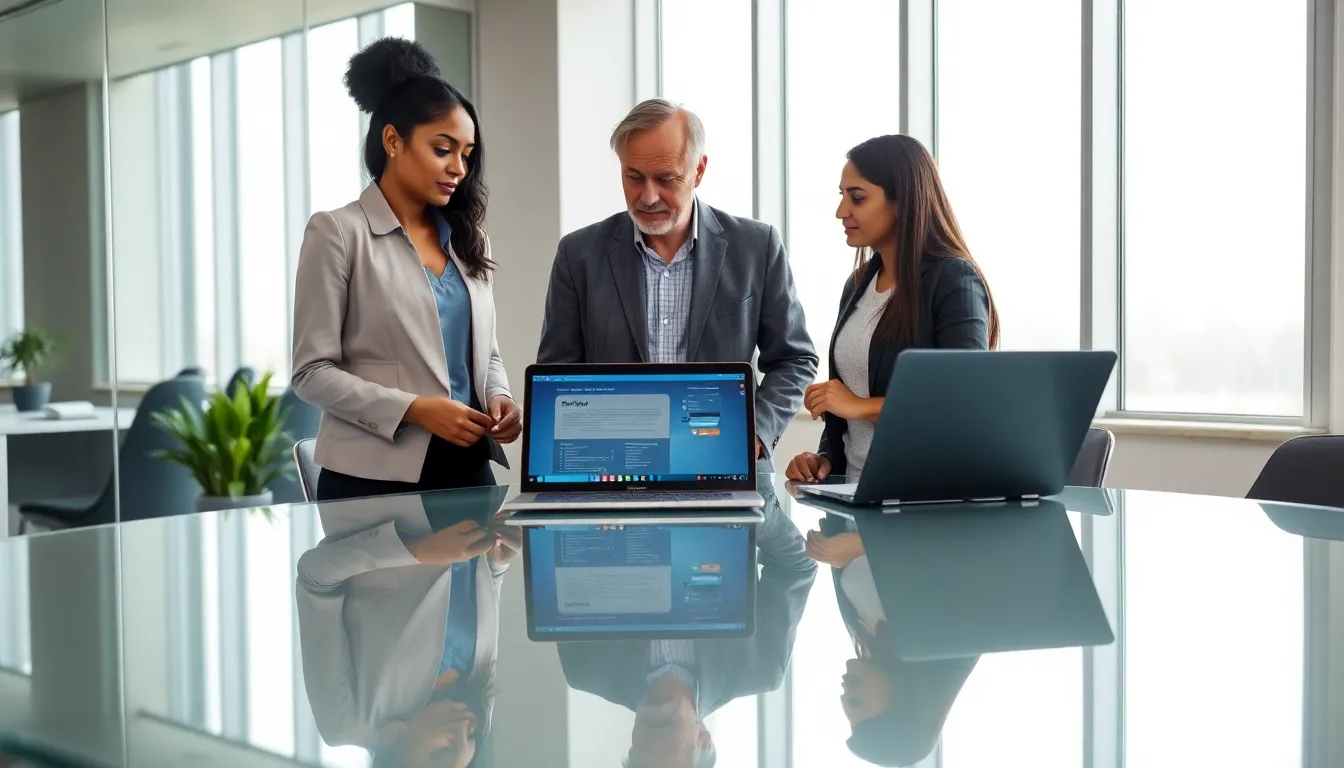 Team discussing laptop reviews in a modern office.
