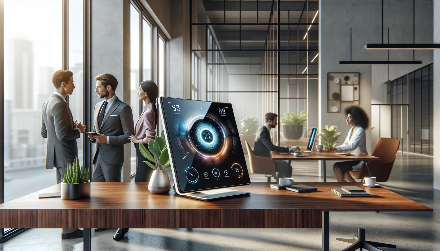 modern workspace with diverse professionals collaborating around a high-tech device.