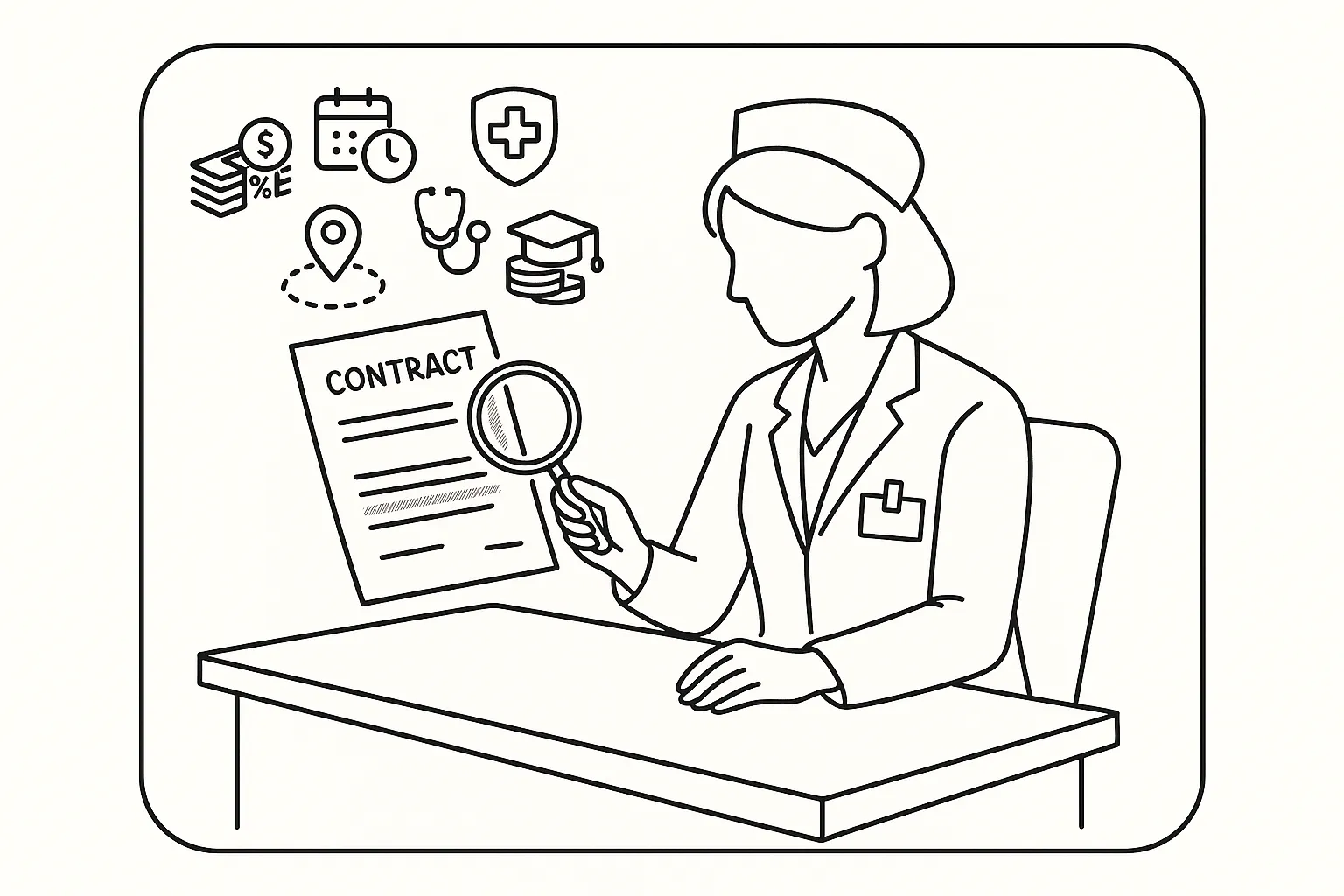 A new nurse practitioner examining a contract with surrounding contract-term icons.