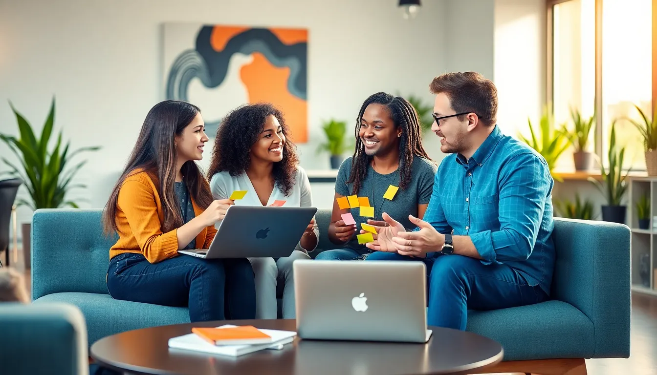 diverse group collaborating in a modern coworking space.