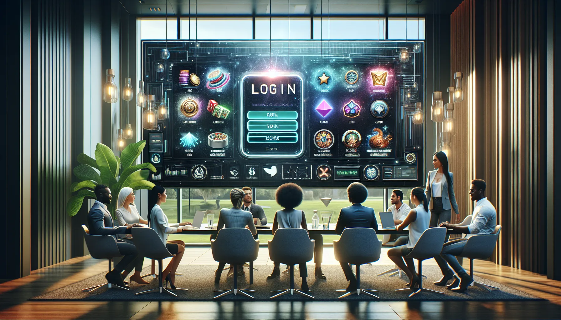 professionals discussing the Funzpoints login interface in a modern office.