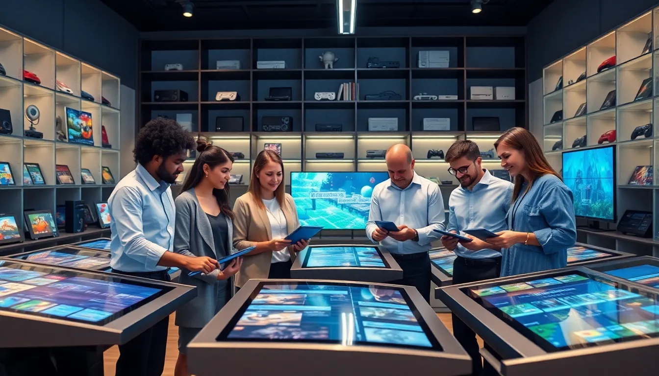 diverse team collaborating in a modern video game archive setting.