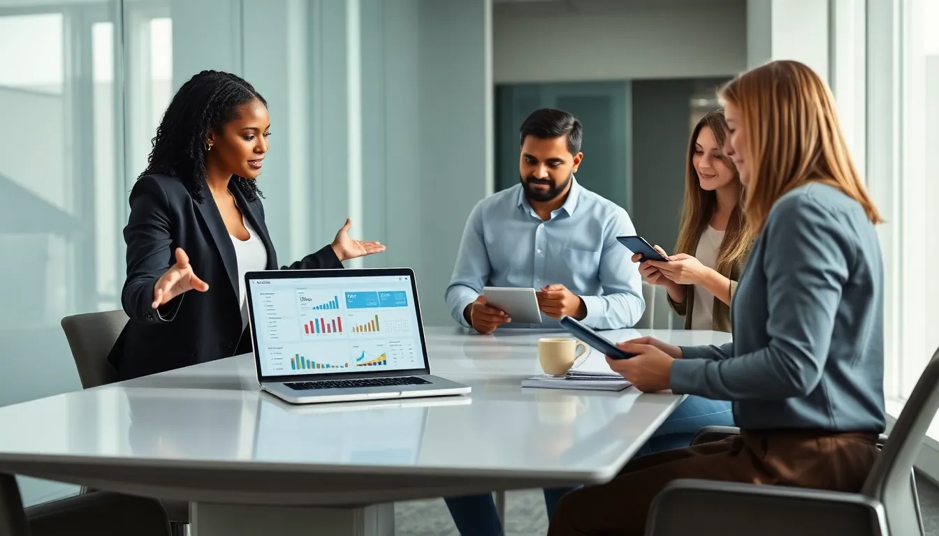 diverse team discussing CRM mobile apps in a modern office.