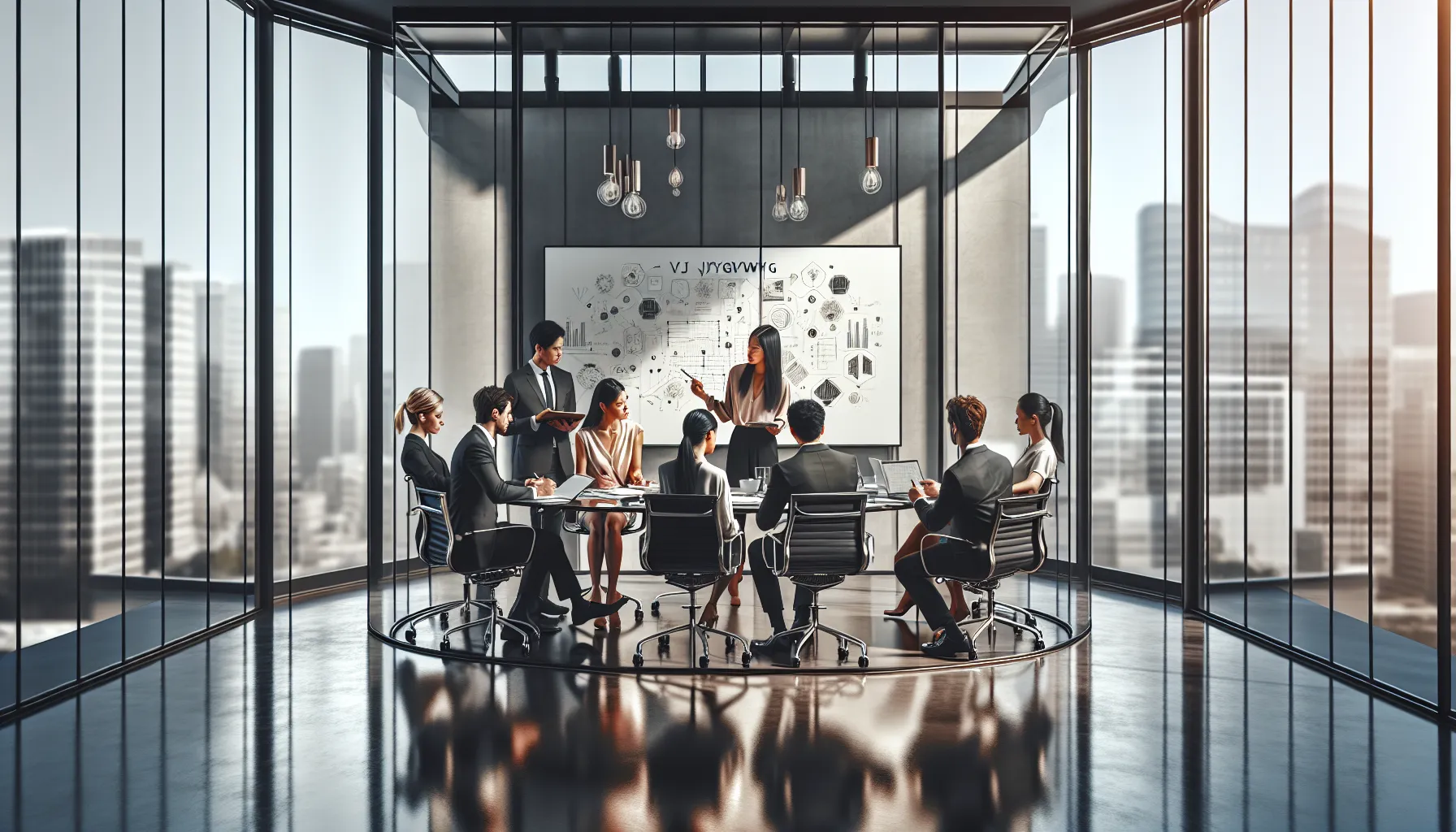 diverse professionals collaborating in a modern office setting discussing Vjyjgbwwf.