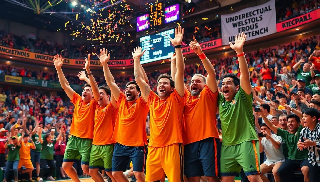 Underdog team celebrates a surprising victory in a packed sports arena.