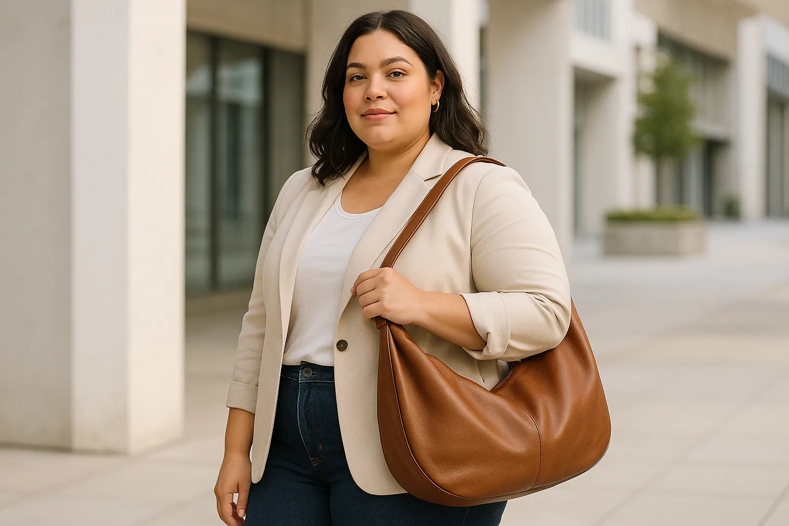 Plus-size woman with a stylish leather hobo handbag outdoors.