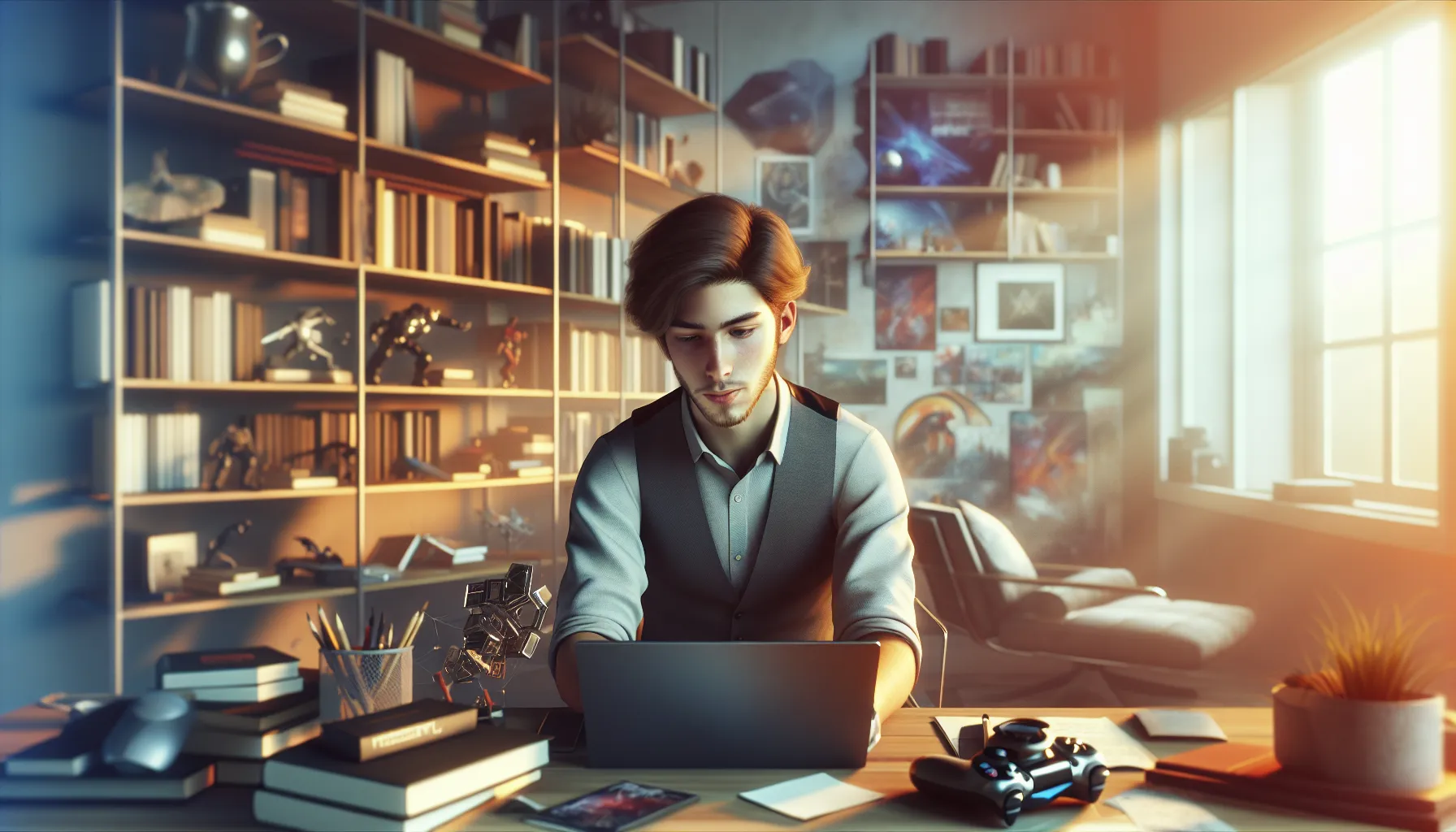Young man in a modern workspace, focused on game design and storytelling.