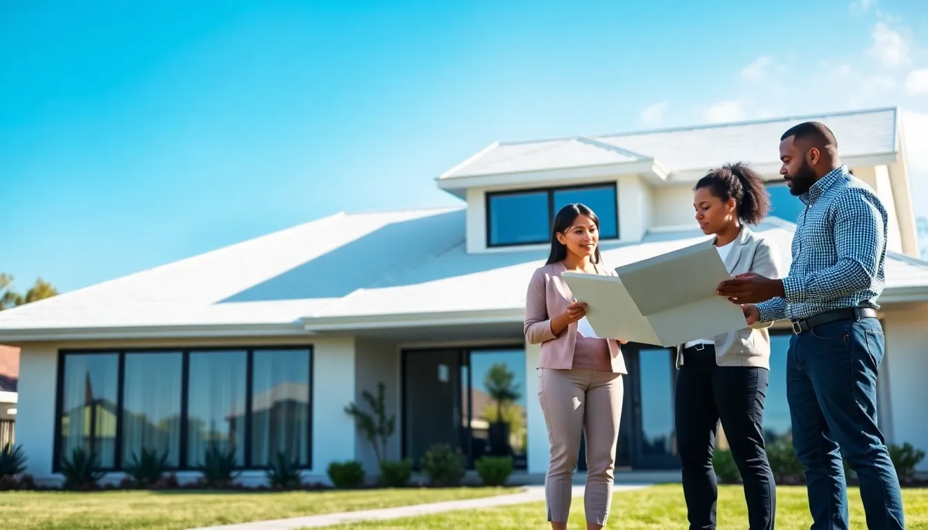 modern home with a stylish vinyl roof and professionals reviewing plans.