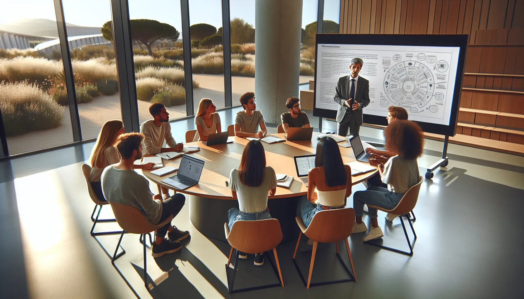 Students in a Spanish university classroom engaged in a postgraduate seminar.