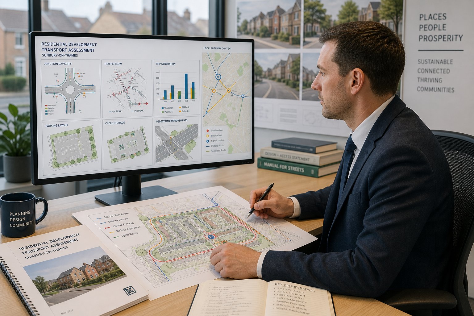 Traffic engineer reviewing residential transport plans in a modern UK office.
