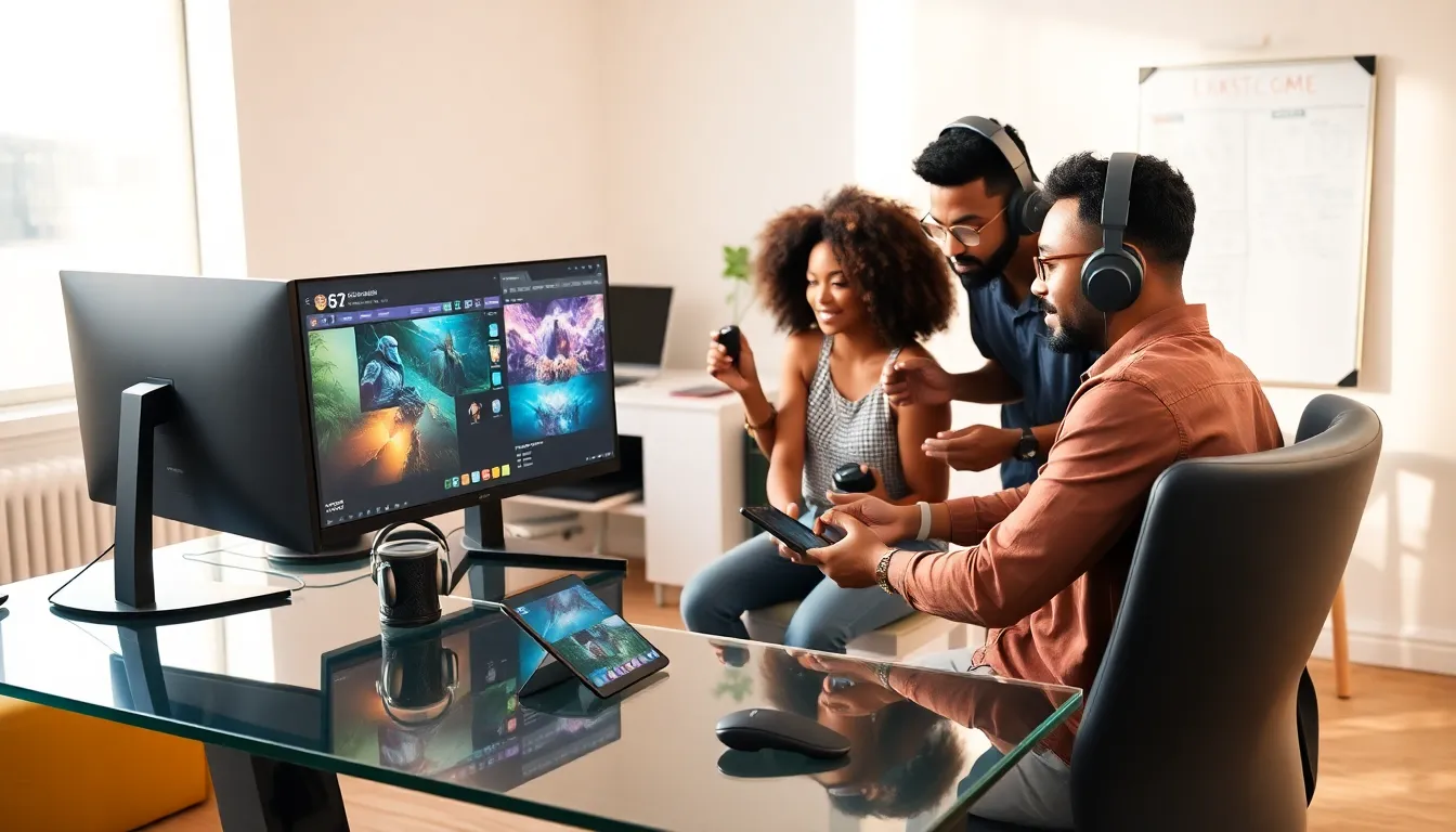 diverse team collaborating in a modern game development workspace.