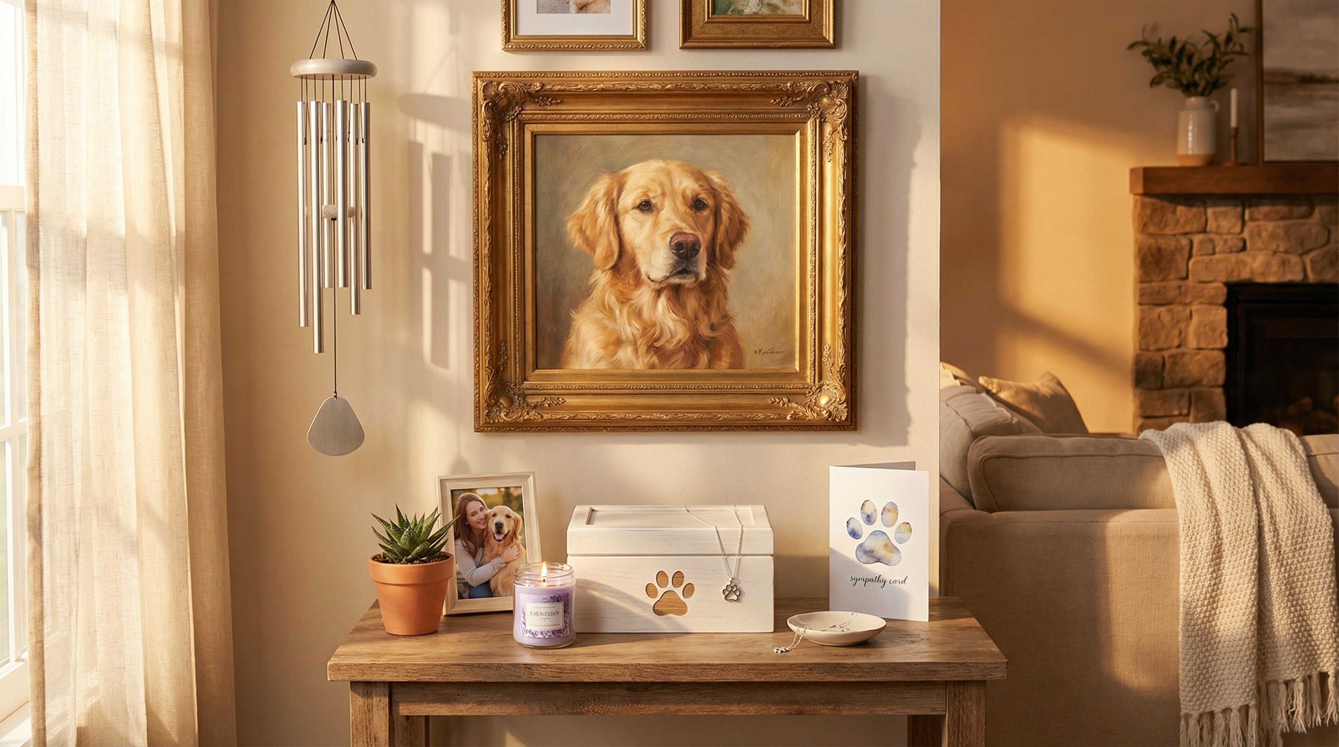Framed custom dog portrait and sympathy keepsakes on a sunlit console table.