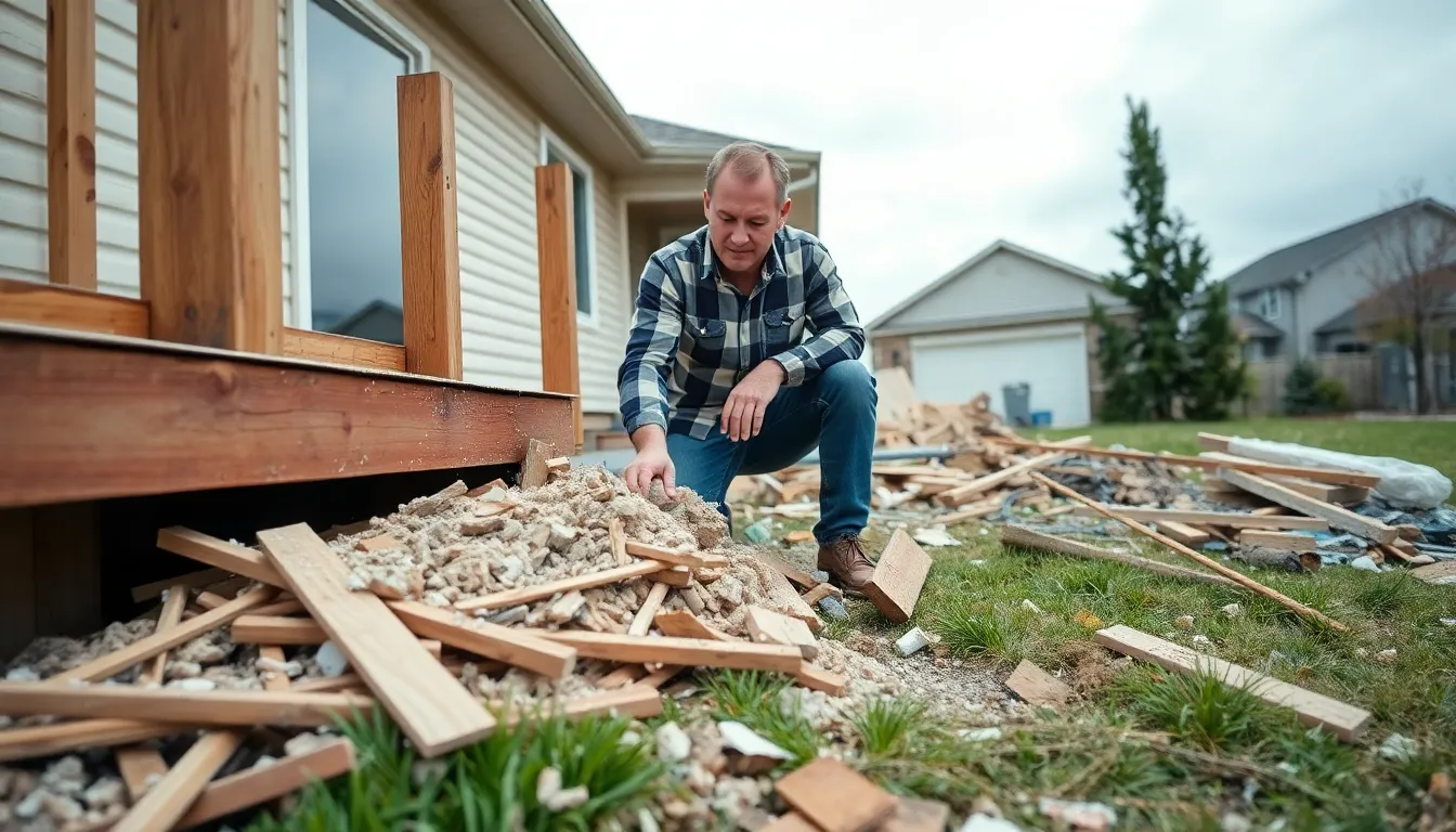 A man removing dust and debris around his home during renovations.
