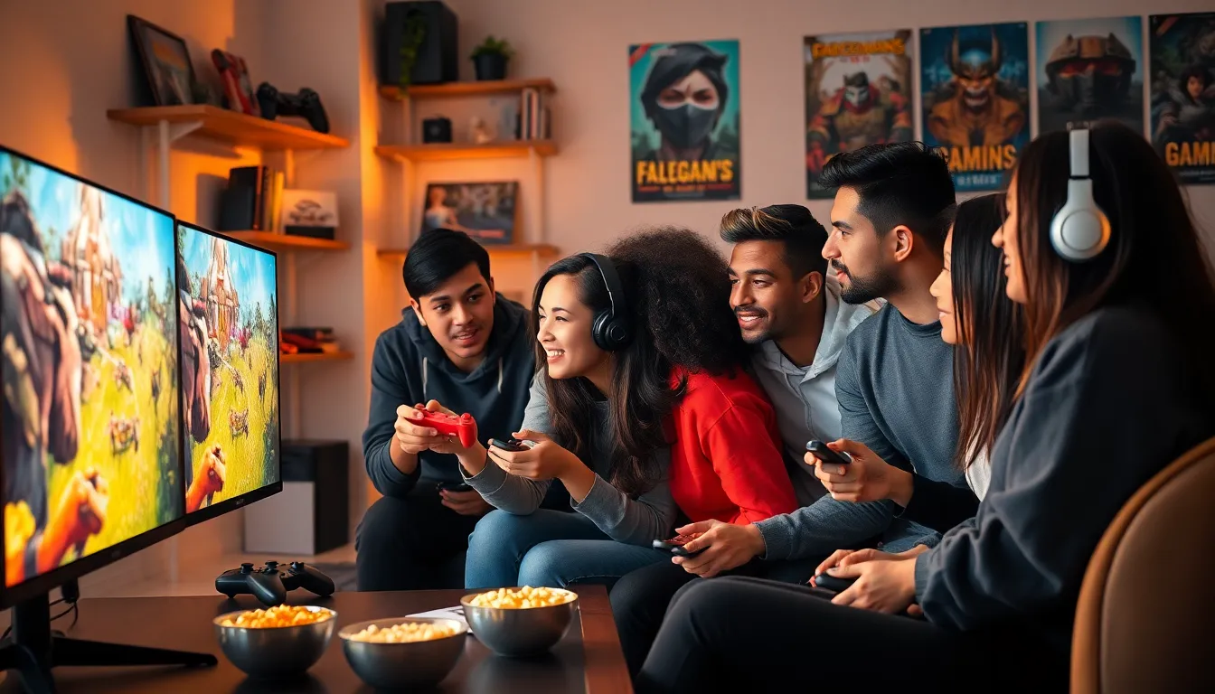 diverse gamers discussing gameplay in a modern living room.