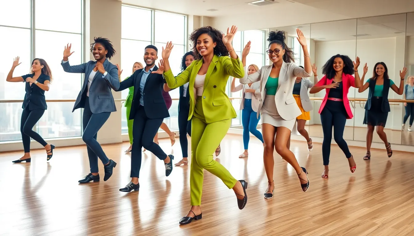 diverse dancers in a modern studio reflecting joy and rhythm.