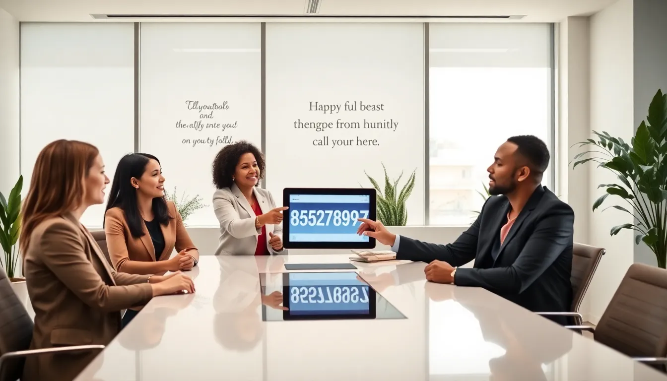 diverse professionals around a conference table discussing a toll-free number.