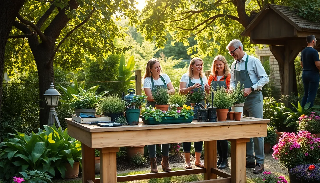 diverse team engaging around a rustic gardening table in a garden.