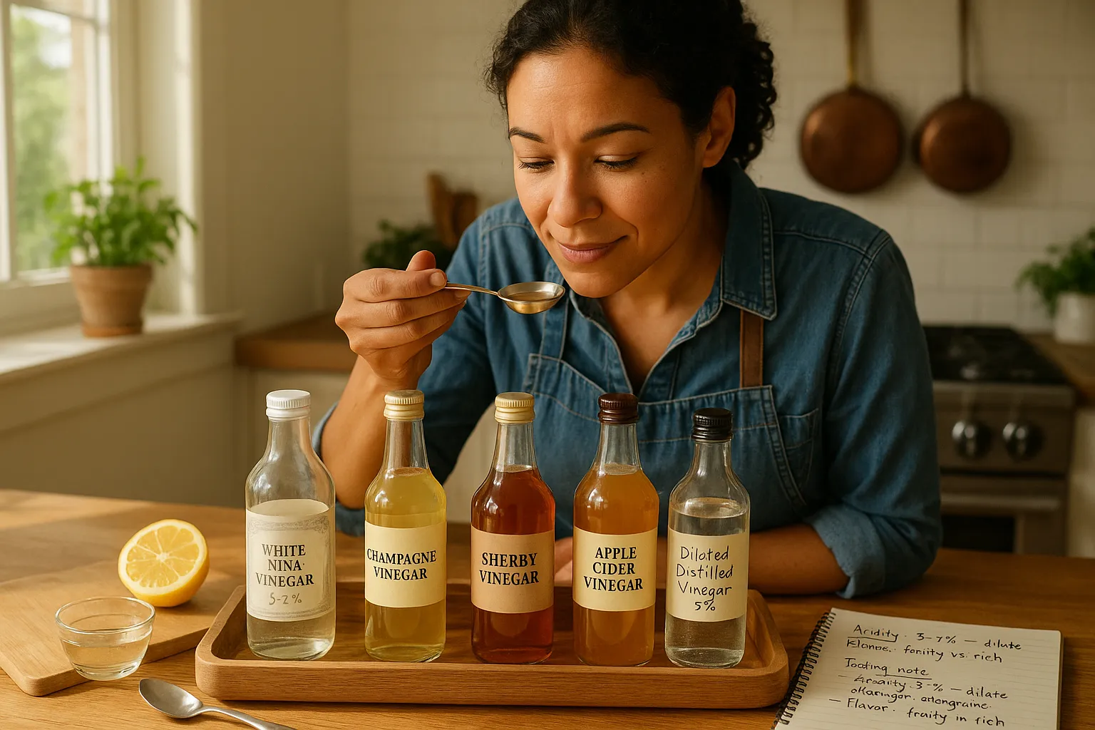 Home cook testing vinegar options with labeled bottles and tasting notes.
