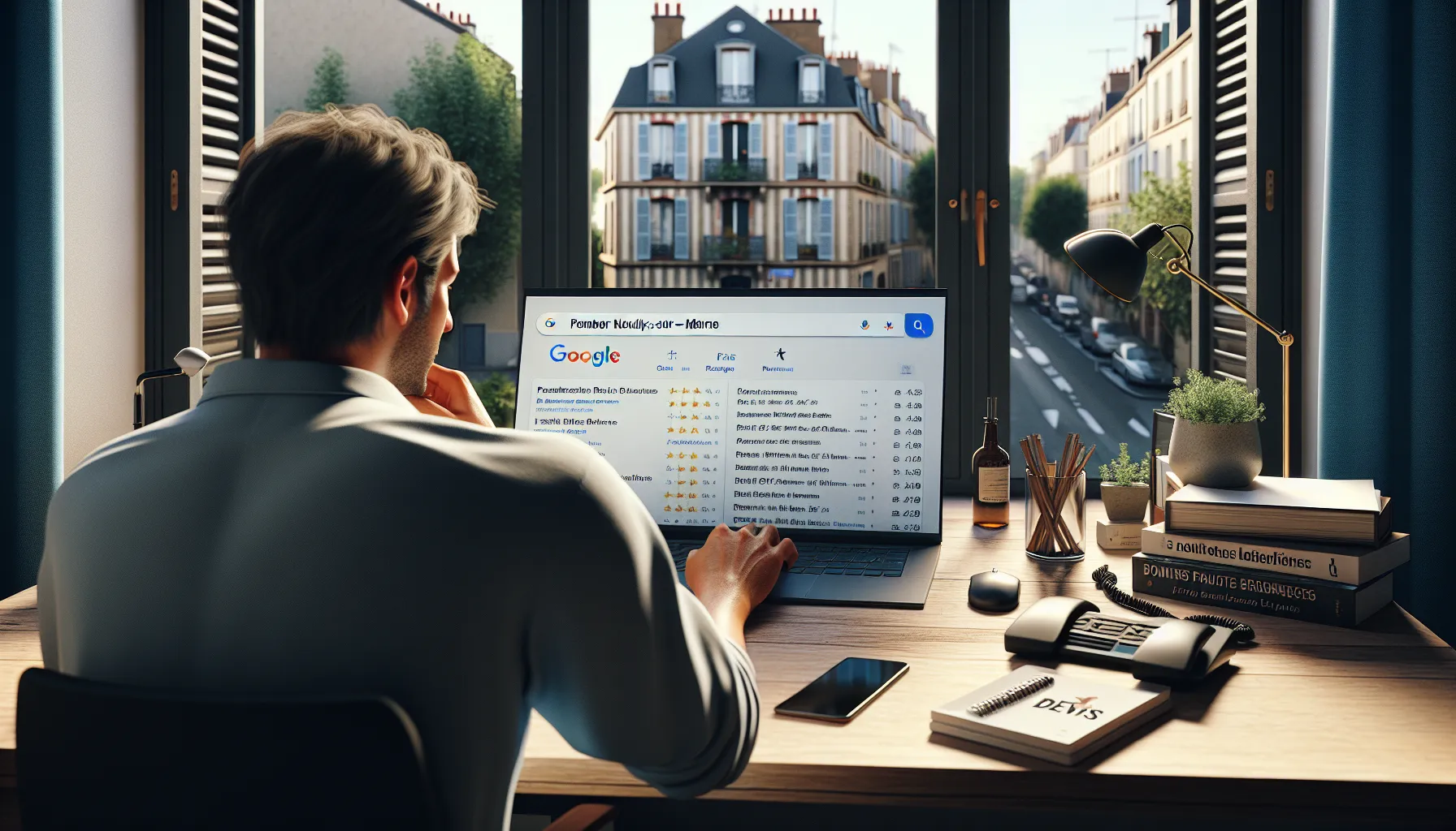 Man in Neuilly-sur-Marne office choosing a local business from Google results.