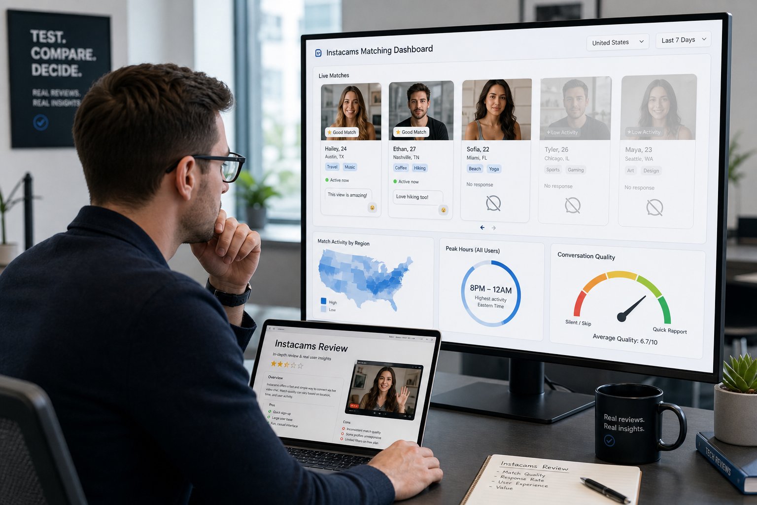 Professional reviewing Instacams match quality dashboard on laptop and monitor.