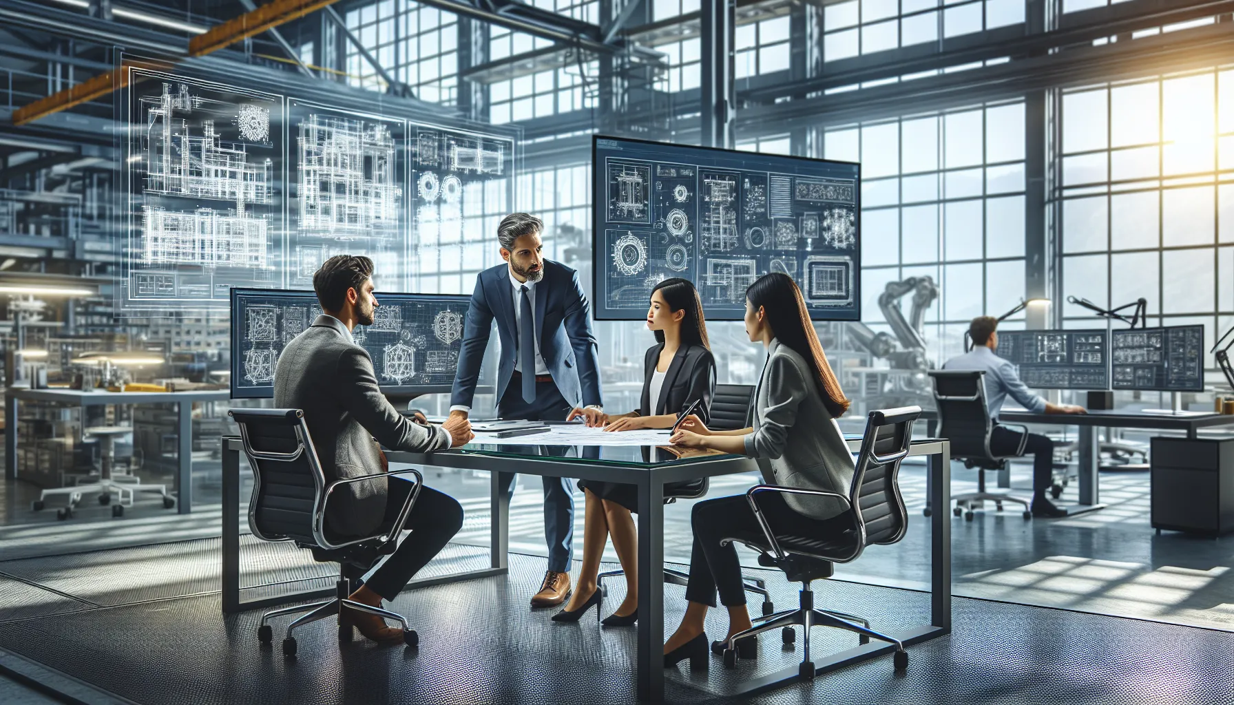 diverse team collaborating on engineering designs in a modern workspace.