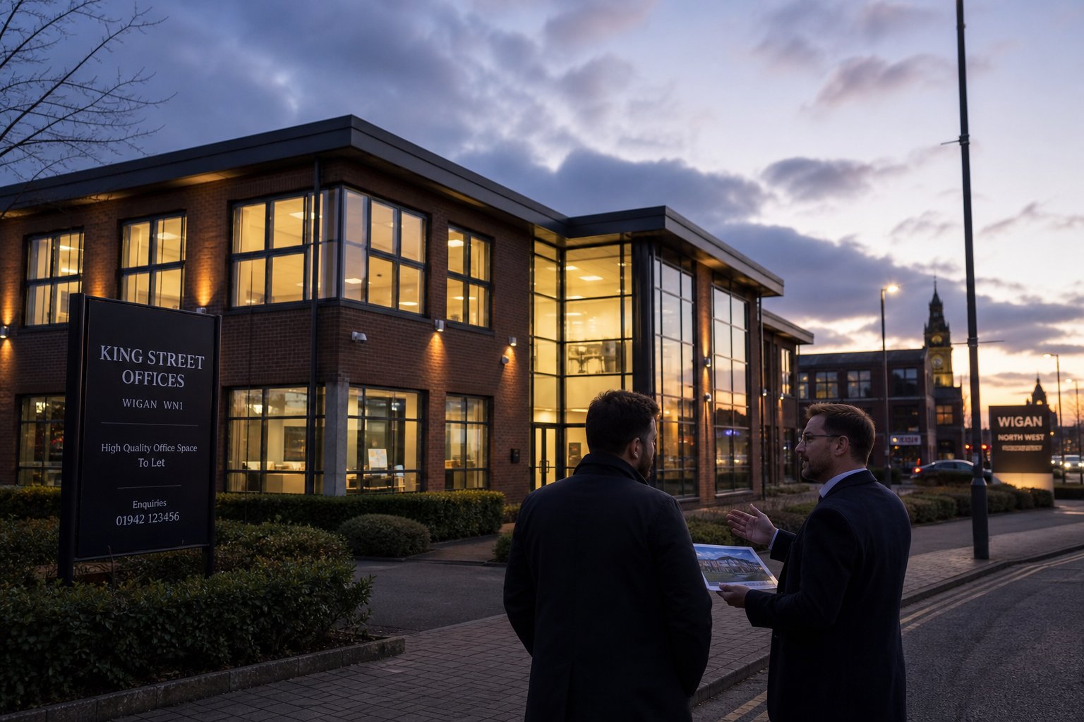 Property investor and adviser discussing an office building in Wigan at dusk