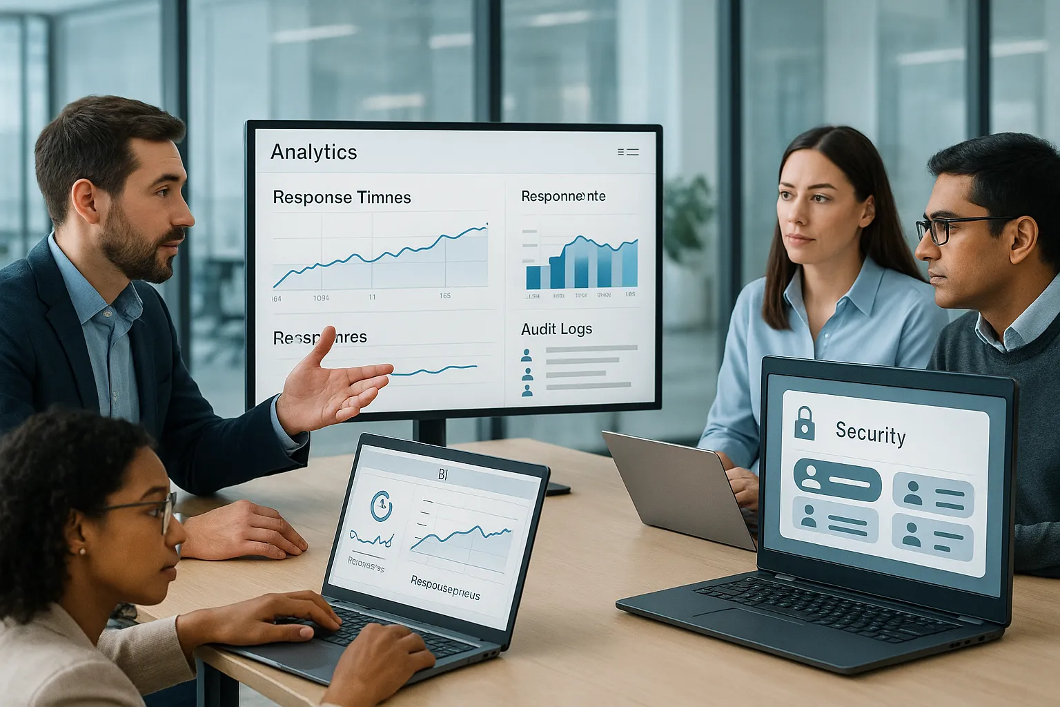 Team reviewing secure browser-based BI dashboards in a modern office.