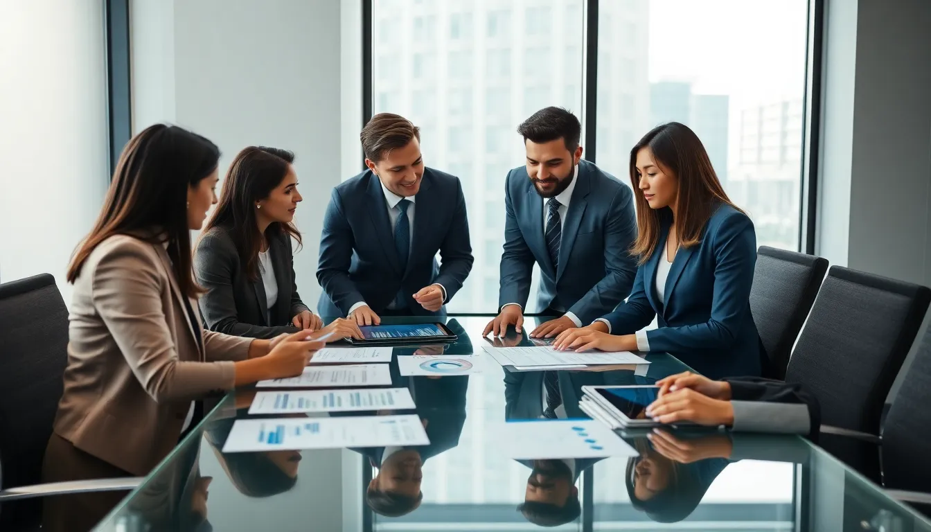 diverse team discussing small cap tech investments in a modern office.
