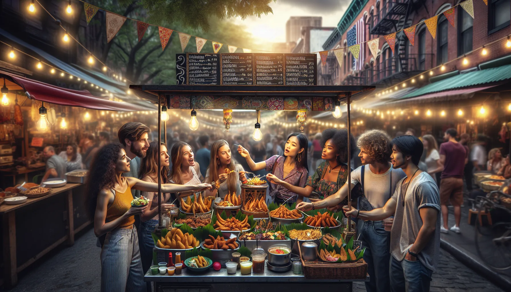 friends enjoying Thai street food at a vibrant market.